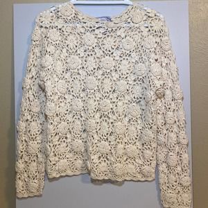 Vintage Elizabeth Jordan Ivory Crochet Sweater/Floral Size Small